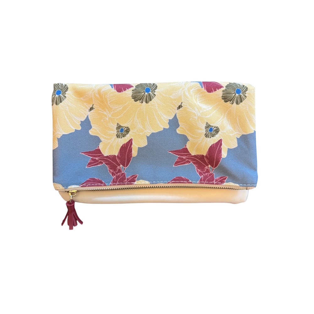 Rachel Pally Floral Canvas & Faux Leather Foldover Clutch Bag Blue Cream